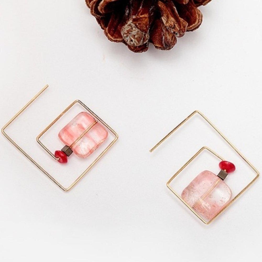 Square Threader red pink hematite Earrings